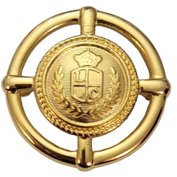 Liz Claiborne Gold Tone Signature Shield Round Laurel Leaf Edge Brooch Pin E474 - Picture 1 of 8